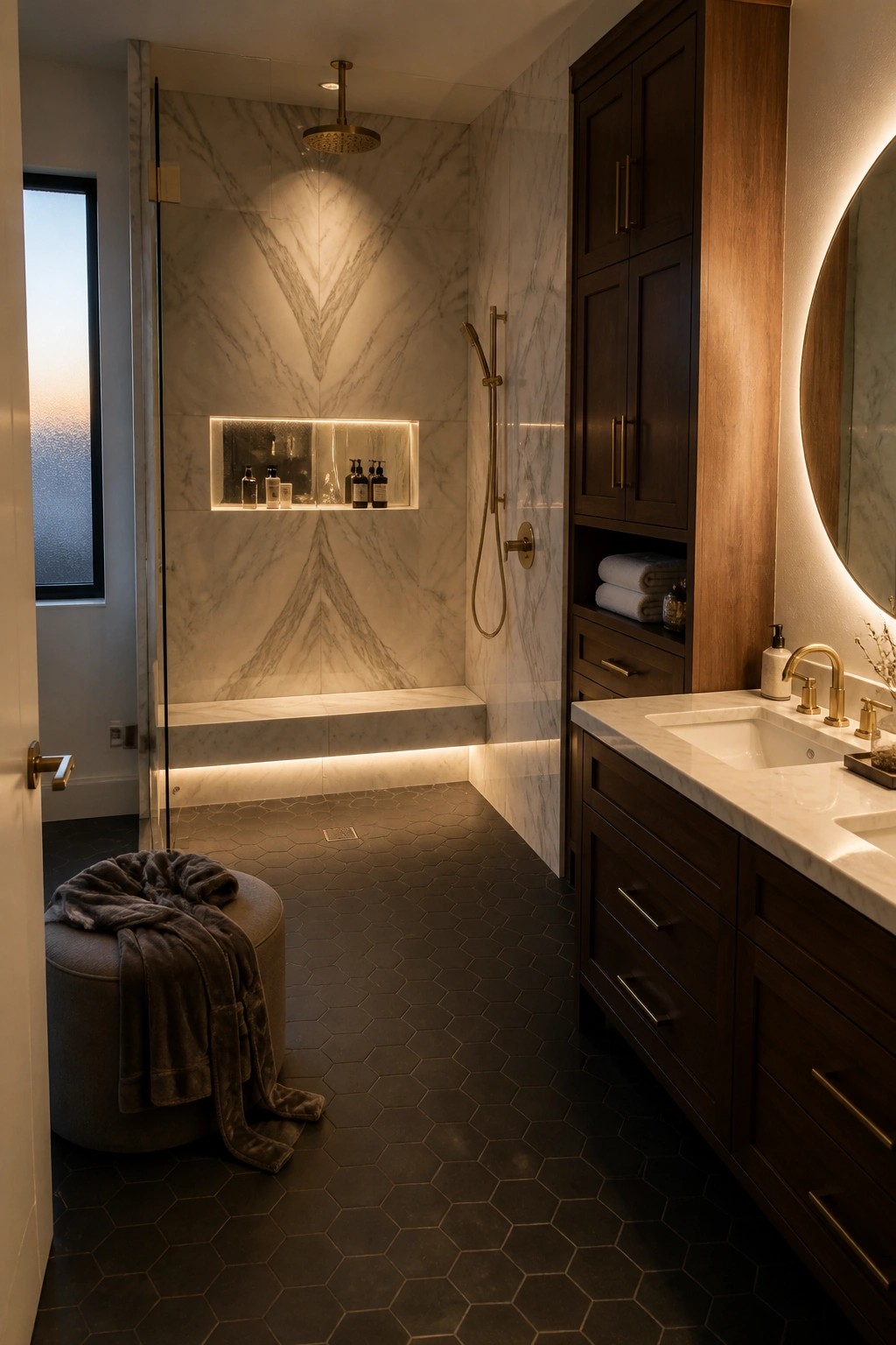 A luxury bathroom shower with marble walls, a backlit recessed niche, gold fixtures, and dark hexagonal floor tiles.