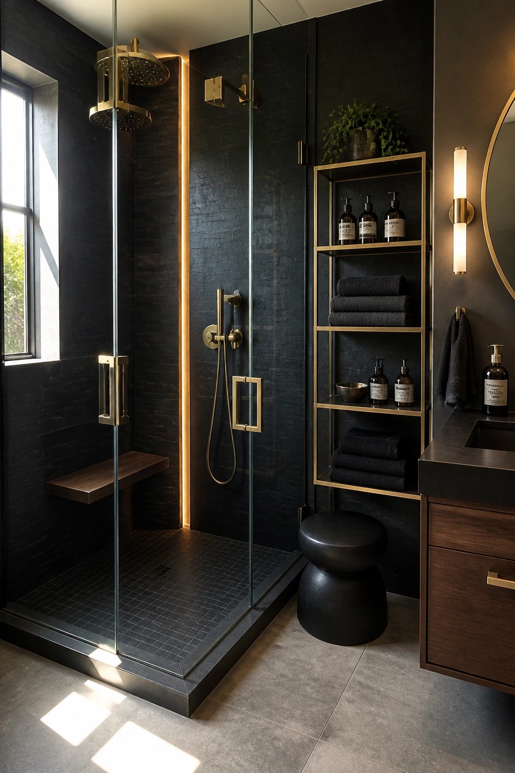 A luxury bathroom shower with dark tiled walls, glass enclosure, gold hardware, vertical LED light strip, and built-in shelving unit holding towels and toiletries.