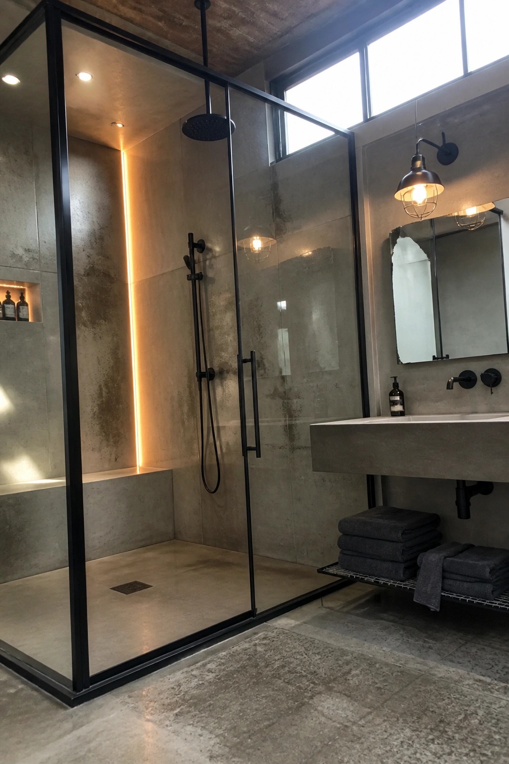 Modern concrete bathroom with glass shower, floating sink, mirror, and stacked gray towels.