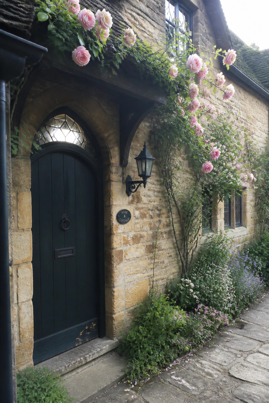 A dark arched wooden door set within a natural stone wall, with climbing pink roses above and a black lantern mounted to the right.