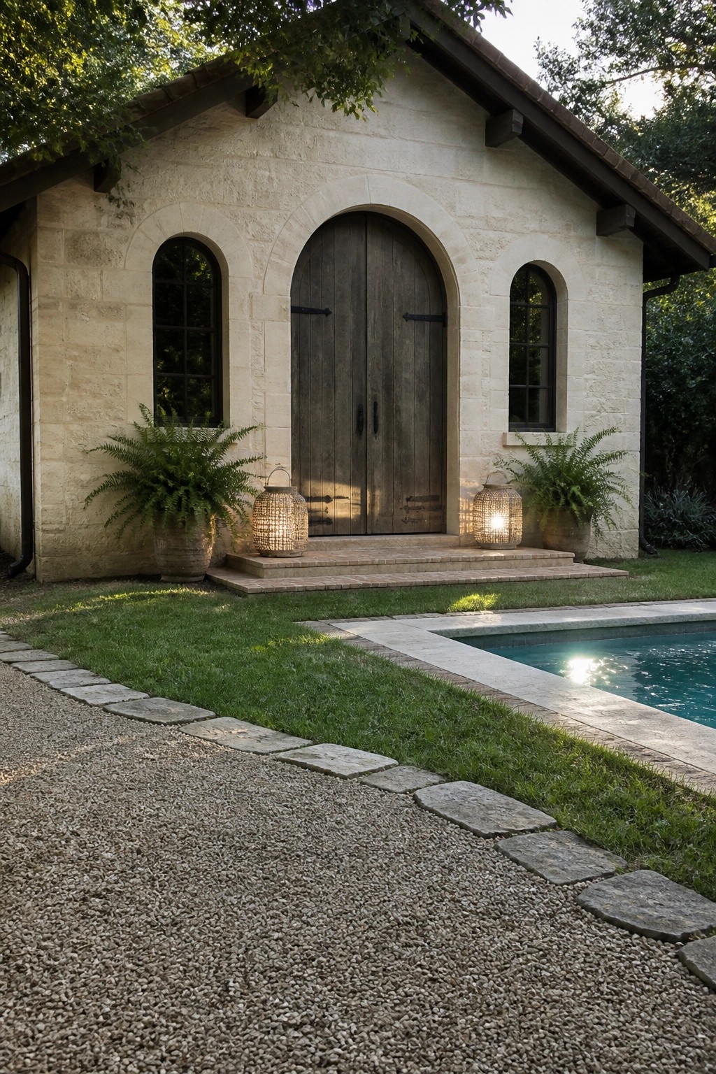 A light stone house exterior shows a large arched wooden double door centered between two smaller arched windows, with potted ferns and lit lanterns on the steps.