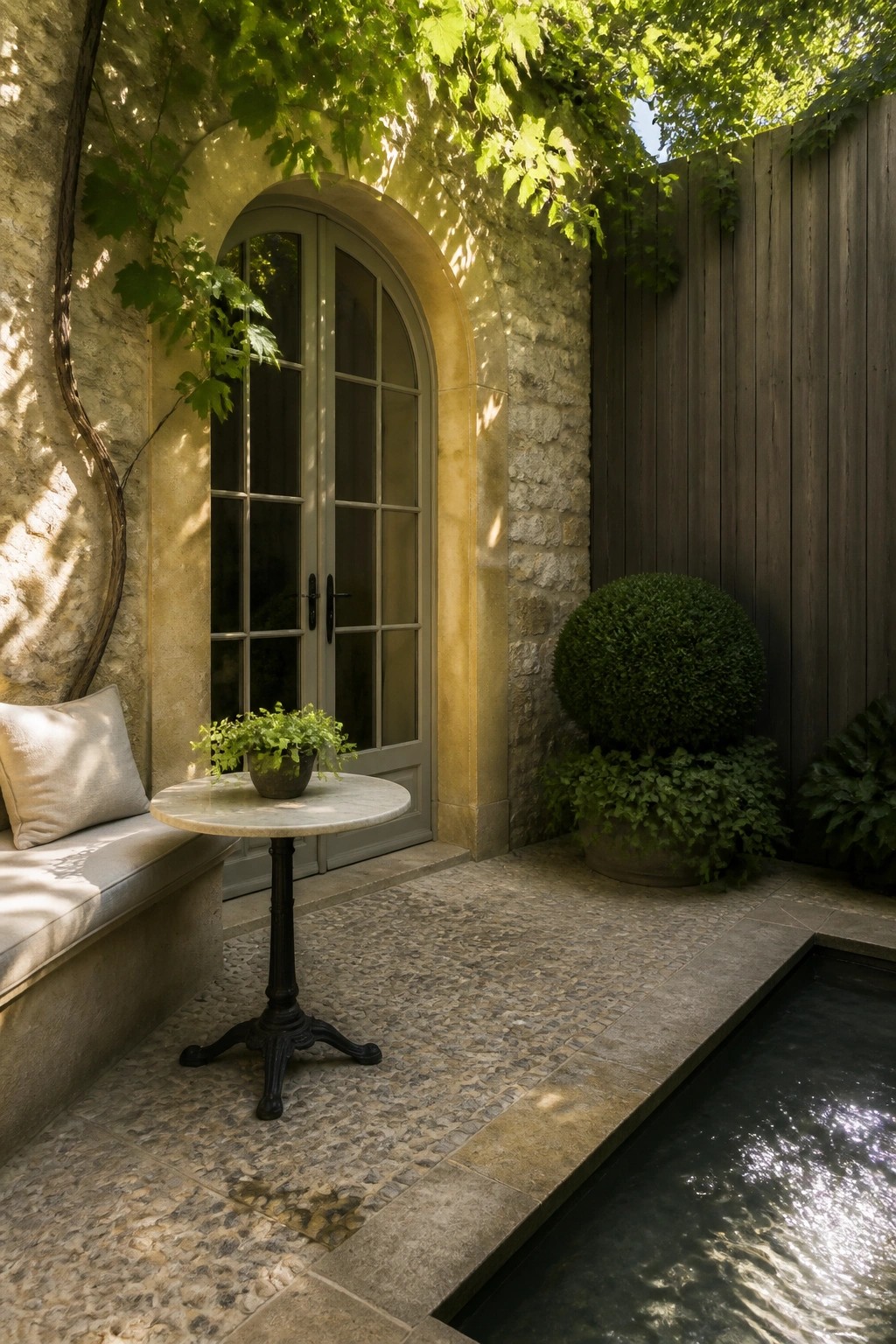 Arched stone doorway with double doors opening to a paved patio with a round table, bench cushion, potted plants, and small pool beside a wooden fence.