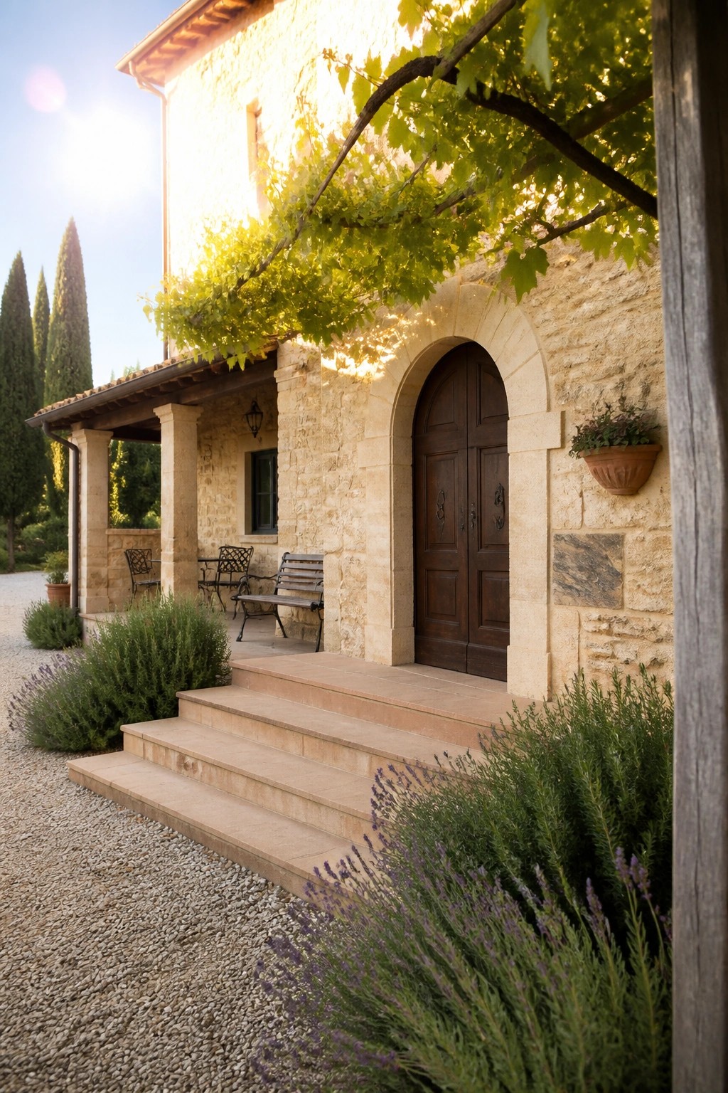 A stone house exterior featuring a large arched wooden double door with steps leading up to the entrance.