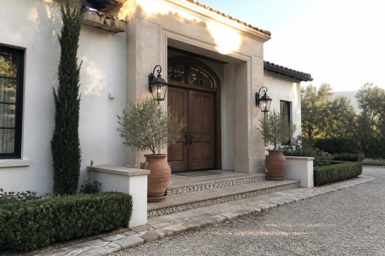 19 Dramatic Luxury Arched Doors With Natural Stone Surrounds A front entrance with a dark wood arched double door centered under a large stone arch, flanked by two tall terracotta pots and black lanterns.