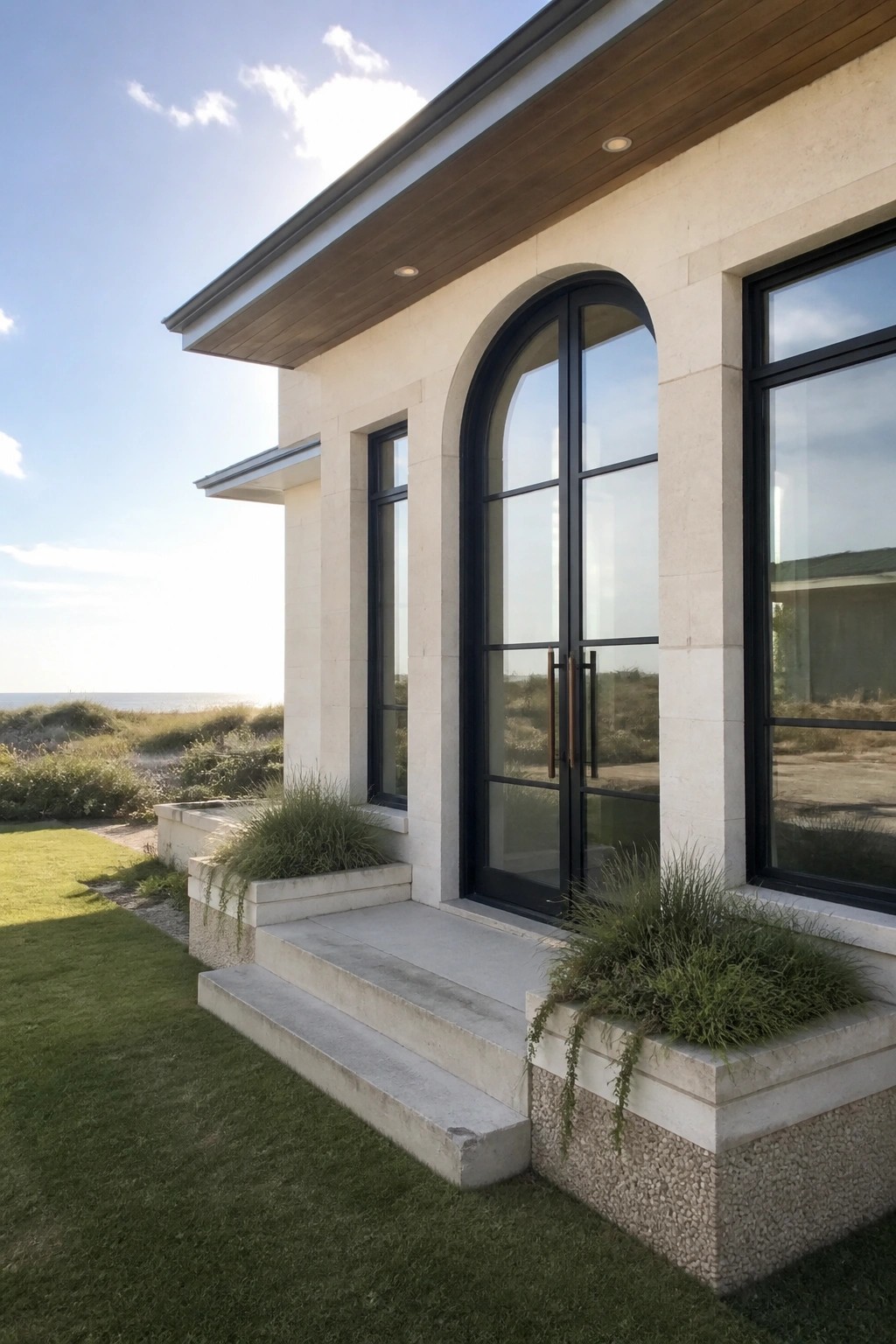 A house exterior with a large arched black door set in light stone walls, concrete steps leading up to it, and grass in the foreground.