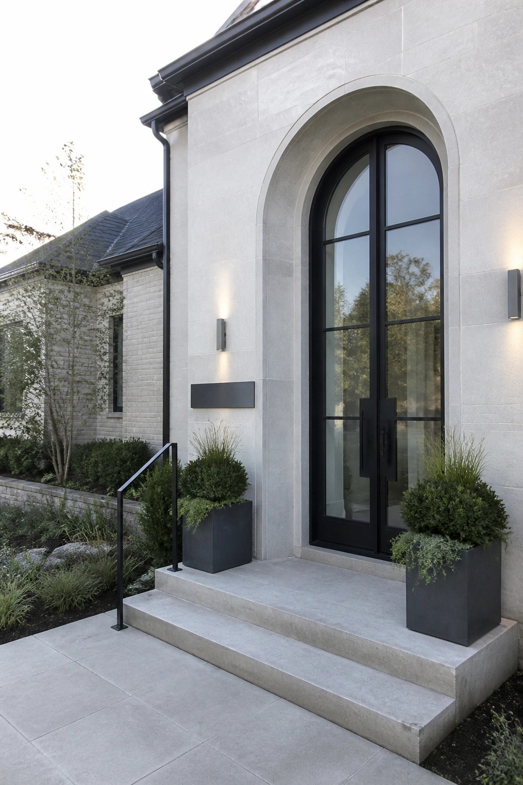 A black arched double door centered in a light stone facade above concrete steps, with two dark planters and wall sconces on either side.