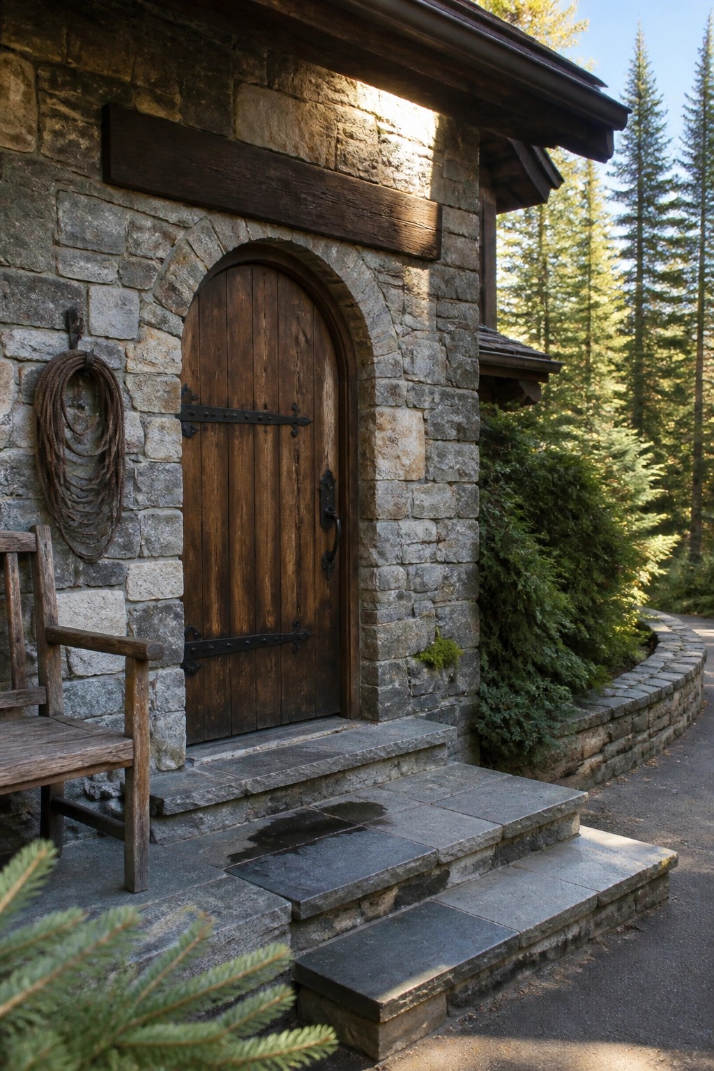 A wooden arched door set in a gray stone wall with stone steps leading up to it and trees visible to the right.
