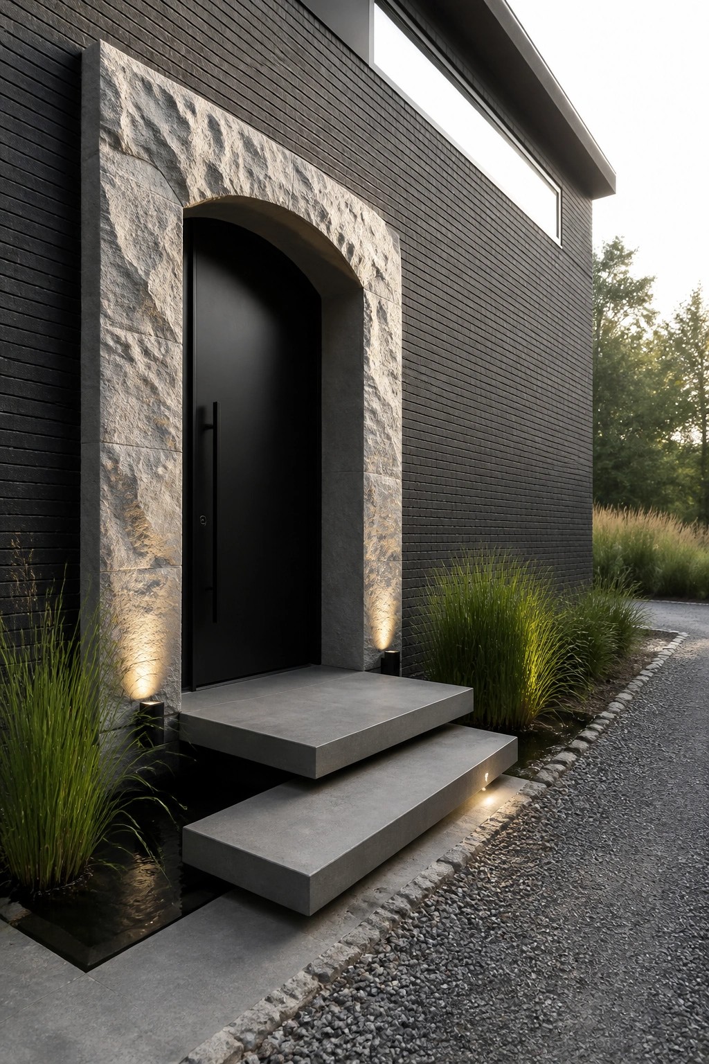 A black arched door framed by rough light stone on a dark brick house exterior, with concrete steps and low landscaping.