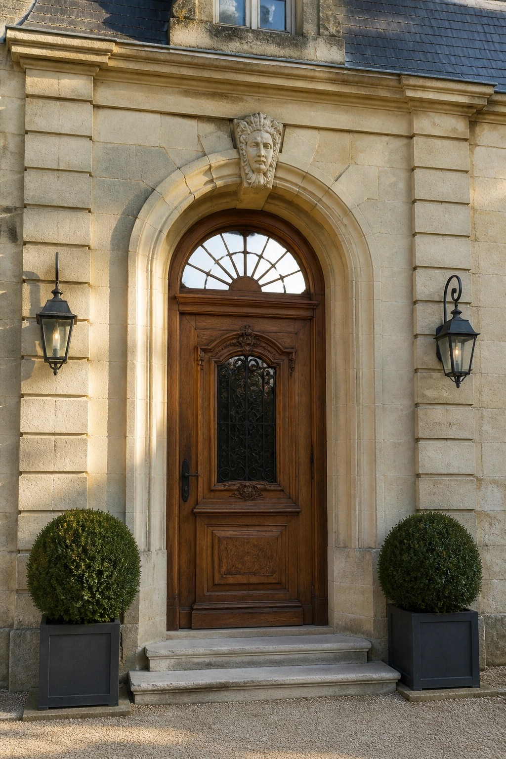 Ornate wooden arched door with lanterns and potted shrubs on stone steps