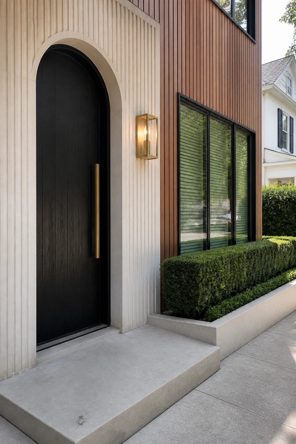 Arched black door with gold handle beside lit lantern on fluted beige wall