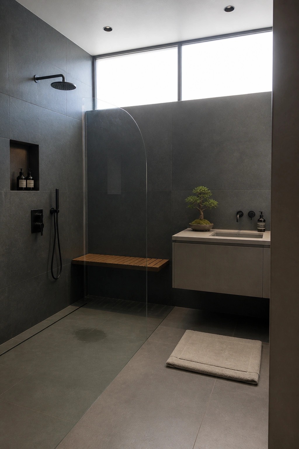 Modern shower area with dark gray wall tiles, a curved glass enclosure, wooden bench, and recessed shelf with bottles.