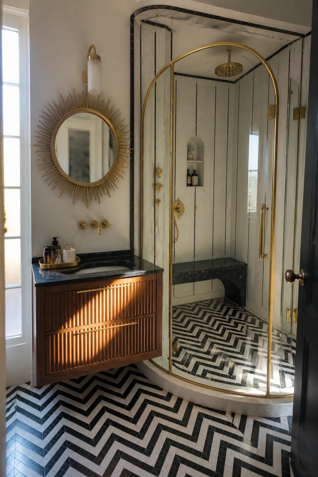 A bathroom interior with a curved glass shower enclosure in a gold arched frame, marble walls, a built-in bench, and black and white chevron tile flooring.