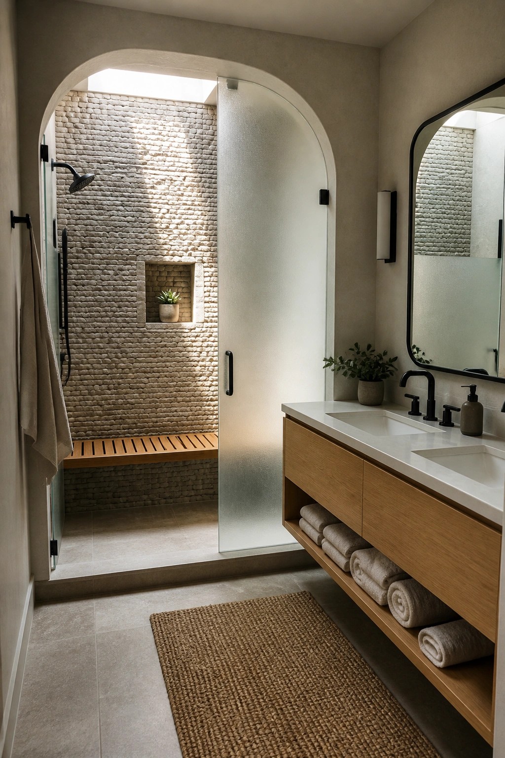 A modern bathroom with an arched glass shower door revealing a stone-tiled shower interior with a built-in bench and a double vanity with wood cabinetry.