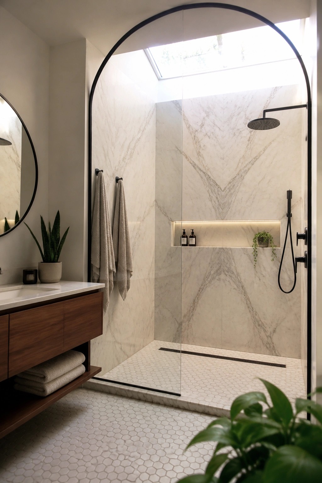 A bathroom interior with a large walk-in shower enclosed by a black arched glass door, white marble walls, a built-in niche, and a wooden vanity with a round mirror to the left.
