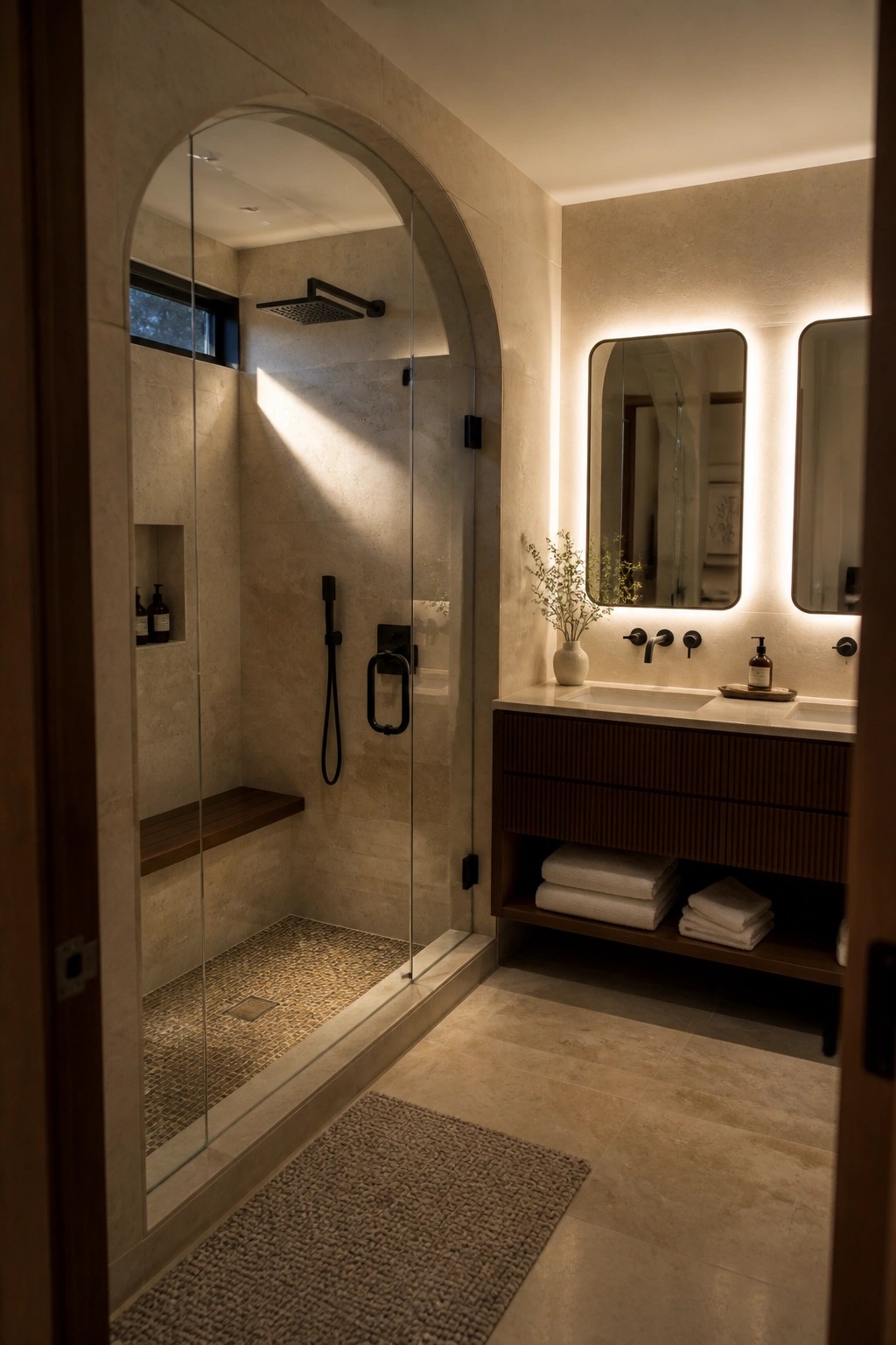 A bathroom interior showing a walk-in shower with an arched glass enclosure and a dark wood vanity with backlit mirrors.