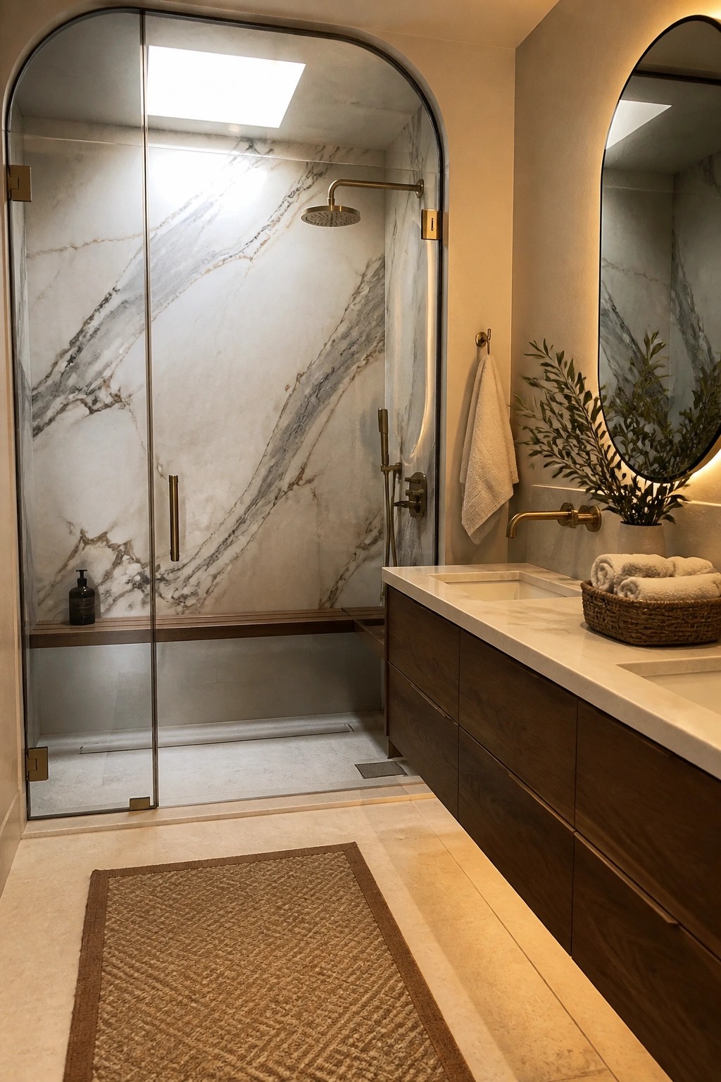 A bathroom with a shower enclosed by an arched glass door with brass hardware, marble walls inside the shower, and a dark wood vanity with a white countertop to the right.