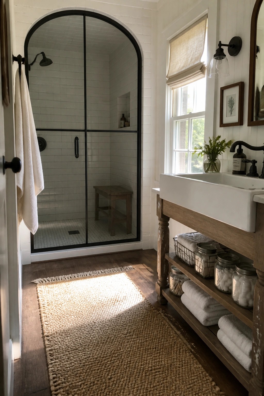 Interior view of a bathroom with a large arched black-framed glass shower enclosure beside a wooden vanity holding a white farmhouse sink.