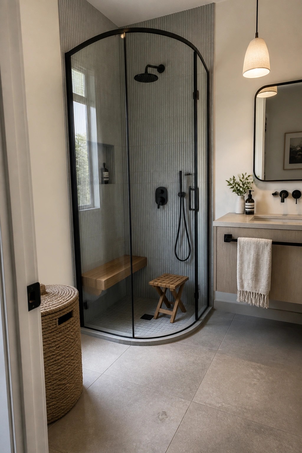 A bathroom interior shows a curved shower with black arched glass enclosure, light gray ribbed tile walls, a wooden bench, and a nearby light wood vanity with mirror.