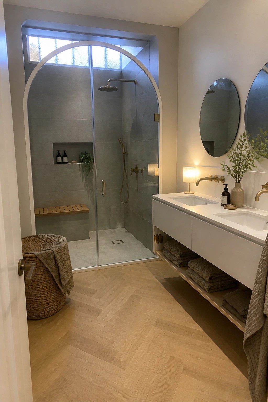 A modern bathroom with a large arched glass shower enclosure set into a gray tiled niche, next to a white floating vanity with two sinks and round mirrors.