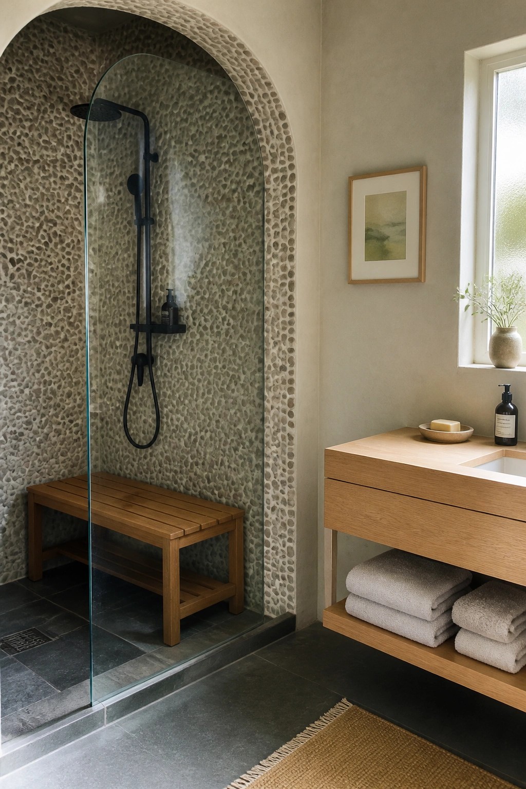 Arched pebble-tiled shower with glass door, wooden bench, and oak vanity.