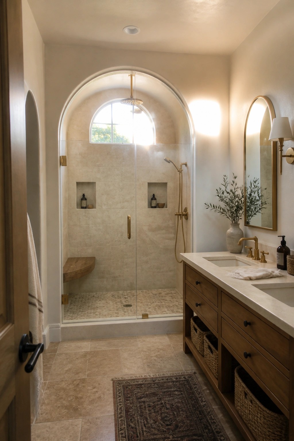 Modern bathroom with arched beige-tile shower, gold fixtures, and wood vanity.