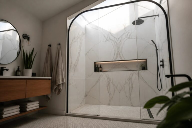 20 Dramatic Luxury Shower Ideas Featuring Arched Glass Enclosures A bathroom interior with a large walk-in shower enclosed by a black arched glass door, white marble walls, a built-in niche, and a wooden vanity with a round mirror to the left.