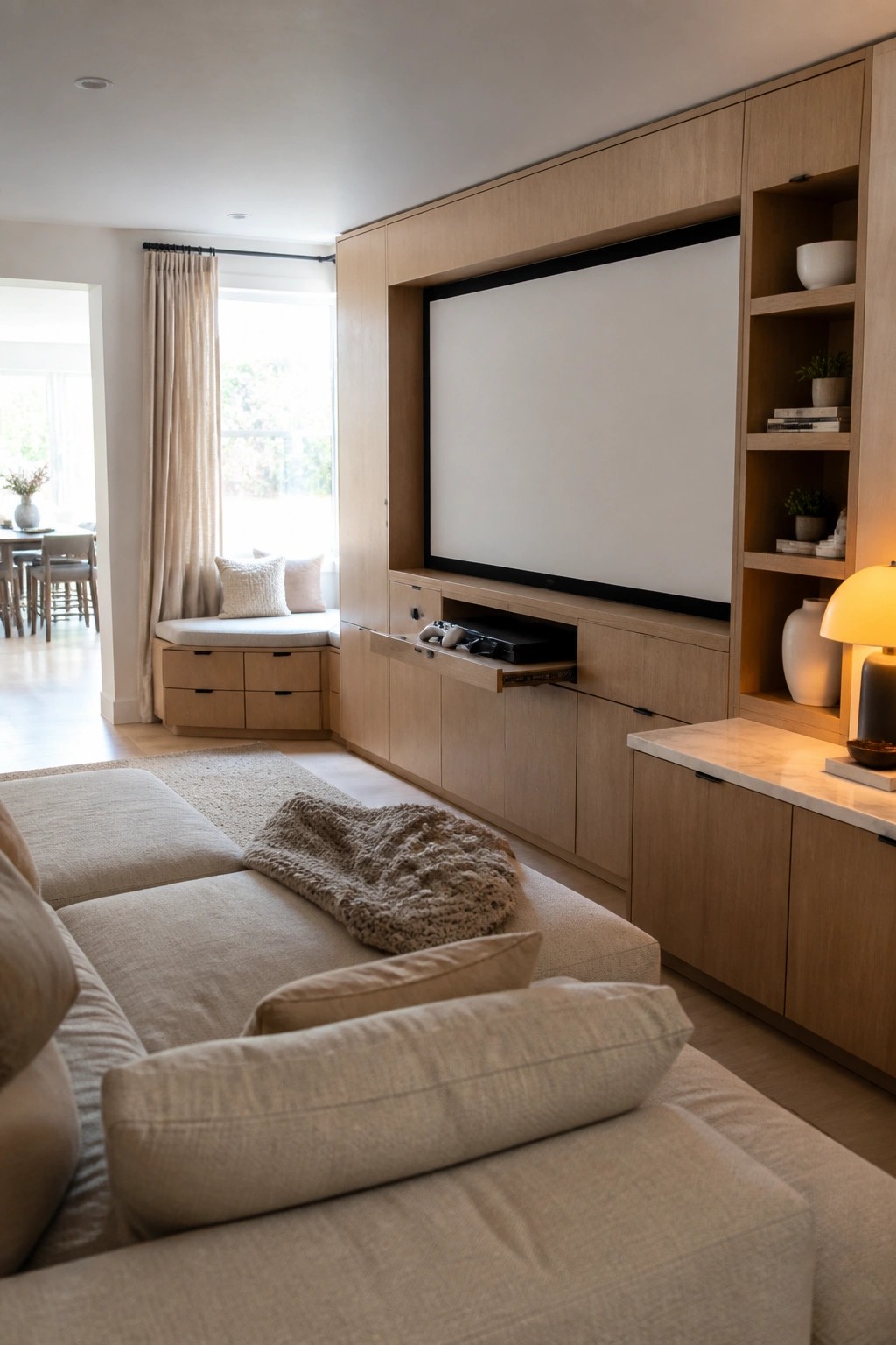 A modern living room features a large flat-screen television mounted within a floor-to-ceiling light wood built-in cabinet system that includes closed storage, a pull-out media drawer, and open shelving on the right side.