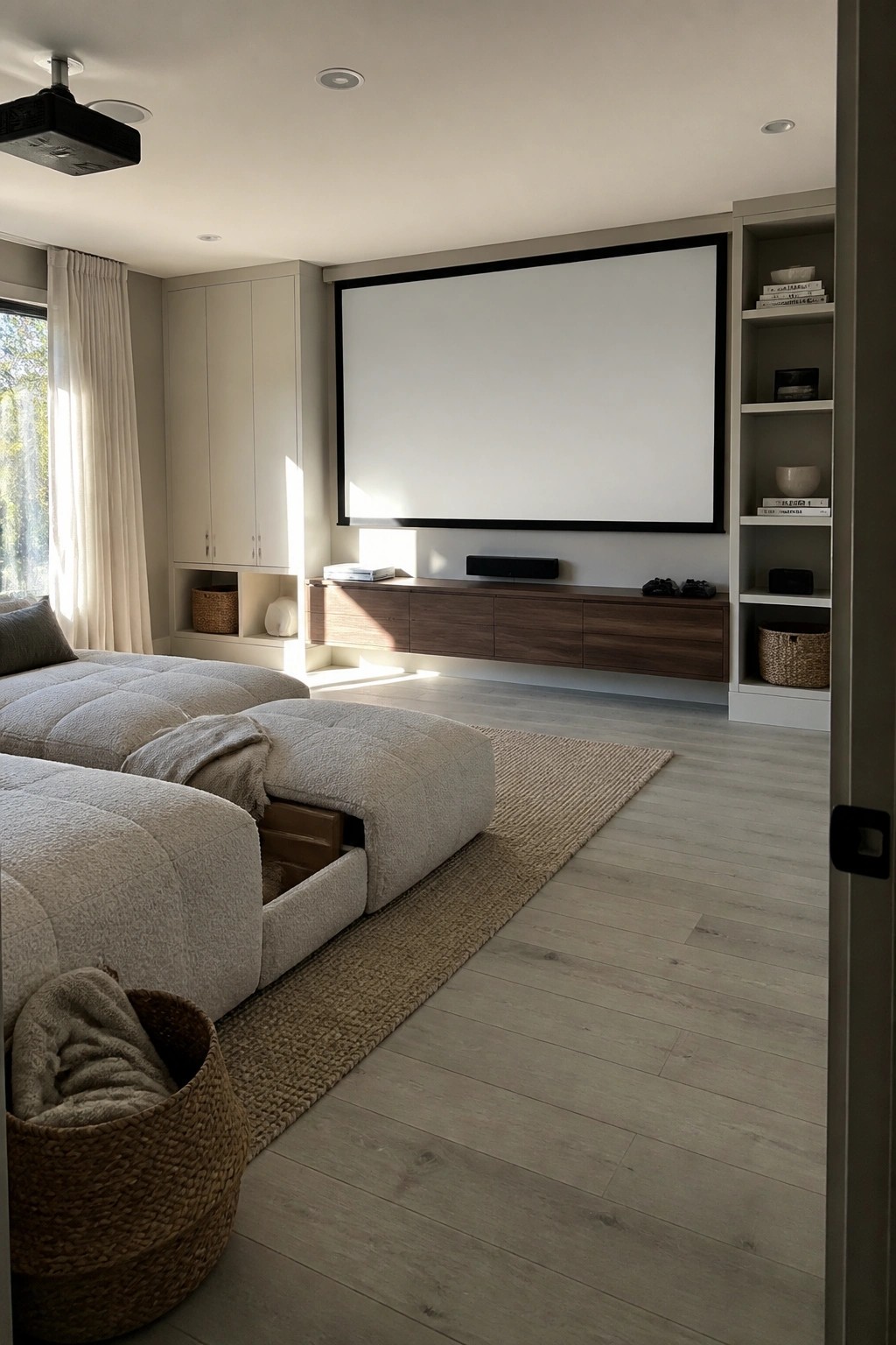 A minimalist home cinema with a large projection screen above a floating dark wood media console, light built-in cabinetry on both sides, and modular light gray seating on a woven rug.