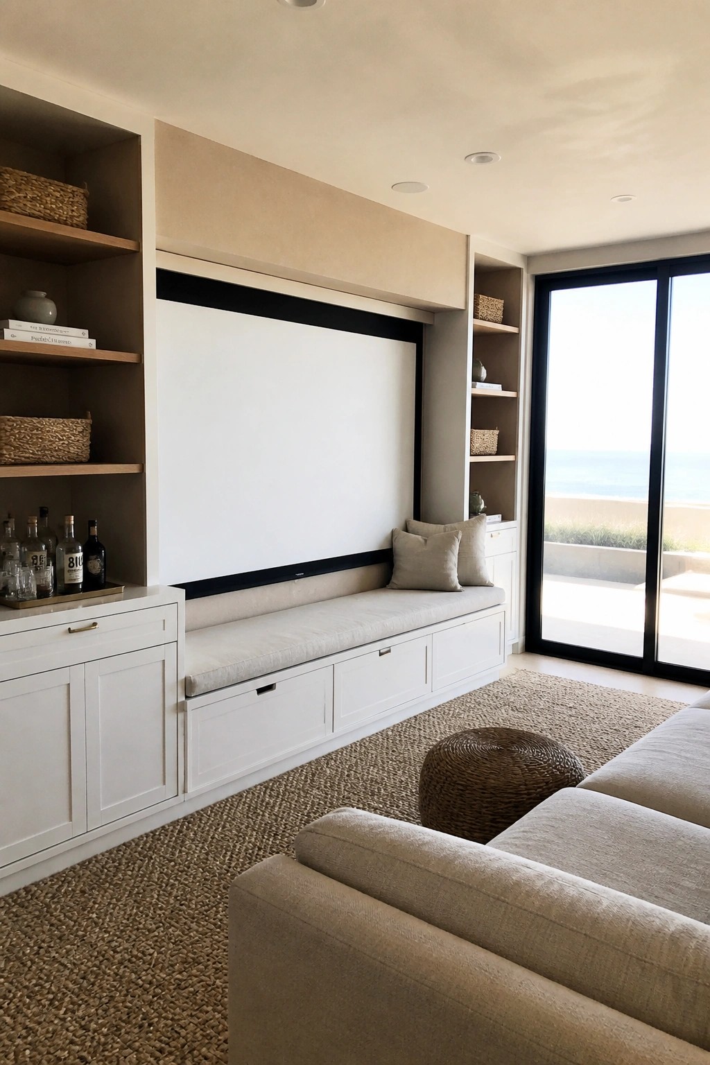 A minimalist living room shows a large built-in entertainment unit with a white screen, surrounding open shelves, a long cushioned bench with drawers, and ocean views through sliding glass doors.