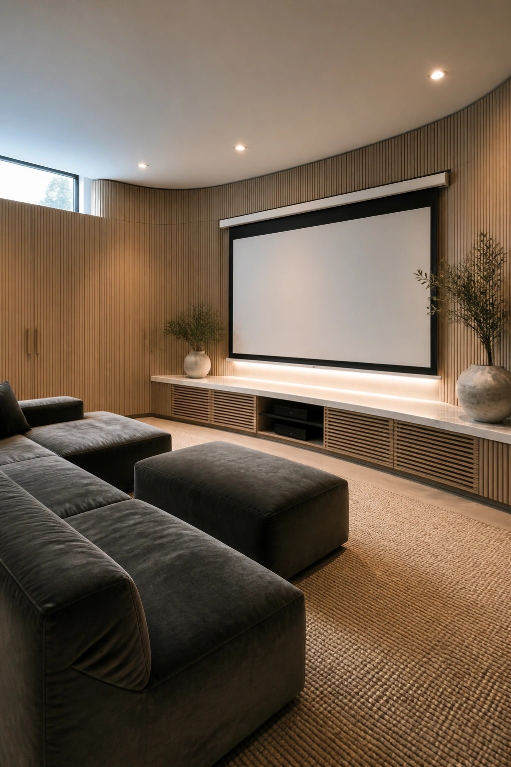 Modern media room with large projection screen, dark sectional sofa, and wooden slat walls.