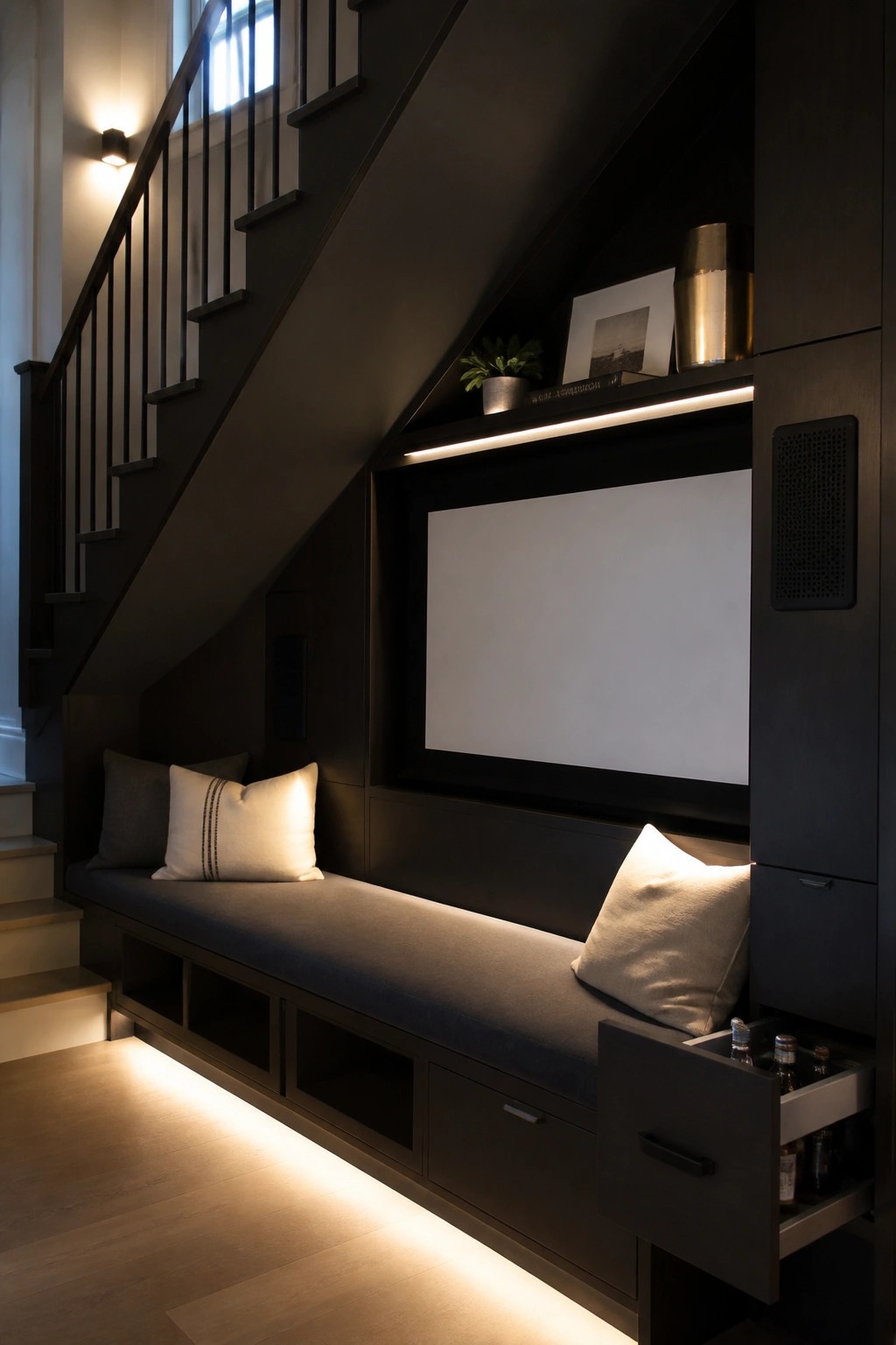 A dark wood under-stair home cinema with built-in bench seating, blue-gray cushion, pillows, a large screen, LED lighting, and an open pull-out drawer holding bottles.