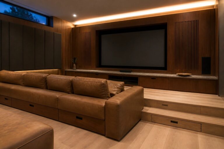 A modern home cinema room with a large wall-mounted screen, brown leather sectional sofa featuring built-in drawers, light wood flooring, and integrated under-platform lighting.