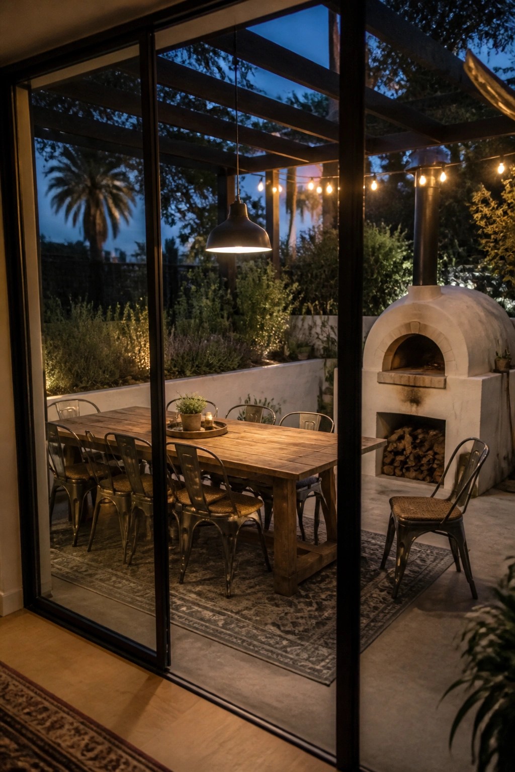 Rustic wooden table with metal chairs beside pizza oven on evening patio with string lights