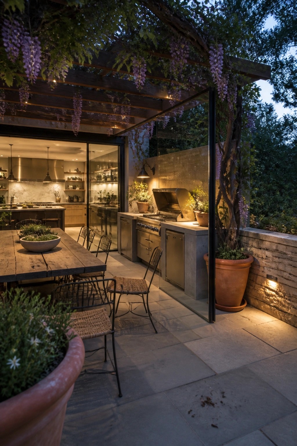 Outdoor patio with dining table, outdoor kitchen, and large glass doors opening to an indoor kitchen under a wisteria-covered pergola.