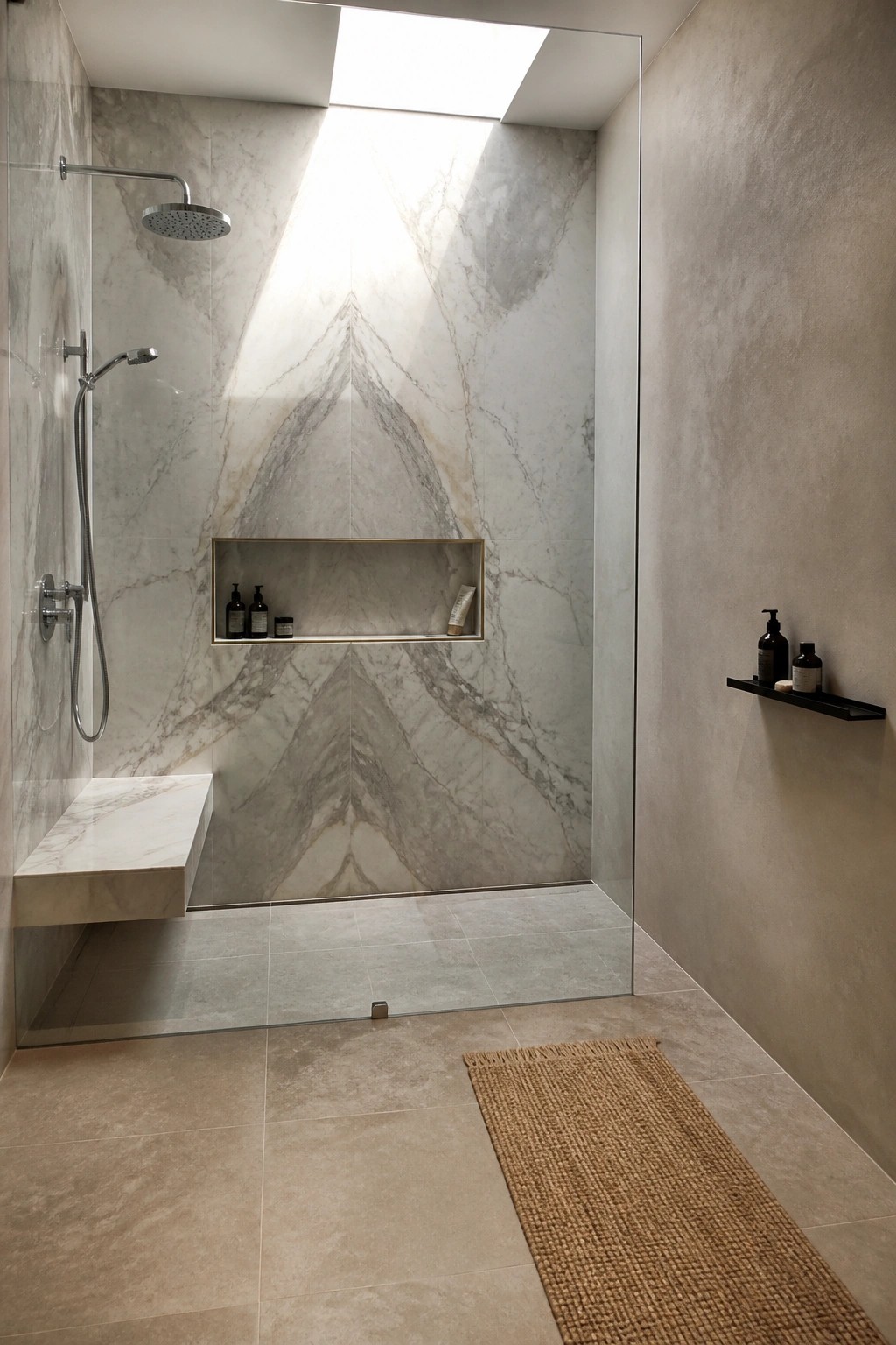 Modern marble shower with rainfall head, recessed niche, bench, glass door, and rug.