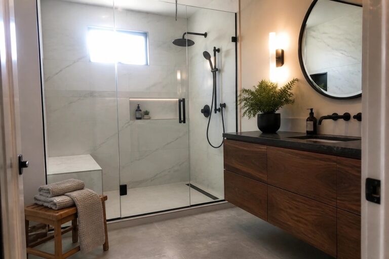 21 Refined Luxury Shower Tile Ideas Featuring Large-Format Porcelain A bathroom interior showing a glass shower enclosure lined with large white marble-look porcelain tiles, a floating wood vanity with black countertop, and a round mirror on the wall.