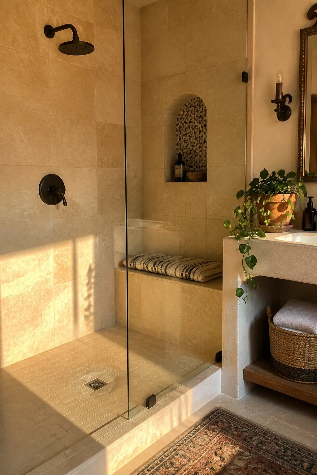 A shower enclosure lined with large beige porcelain tiles on the walls and floor, featuring a glass panel, black fixtures, and a built-in tiled bench.