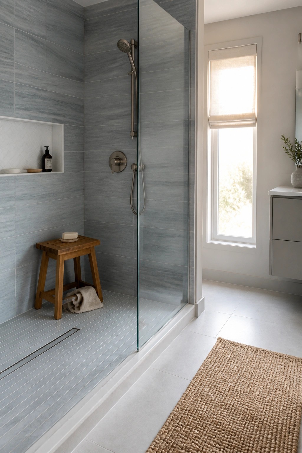 A bathroom shower with large gray porcelain tiles covering the walls and floor, a glass door, a recessed niche, and a wooden stool inside the shower area.