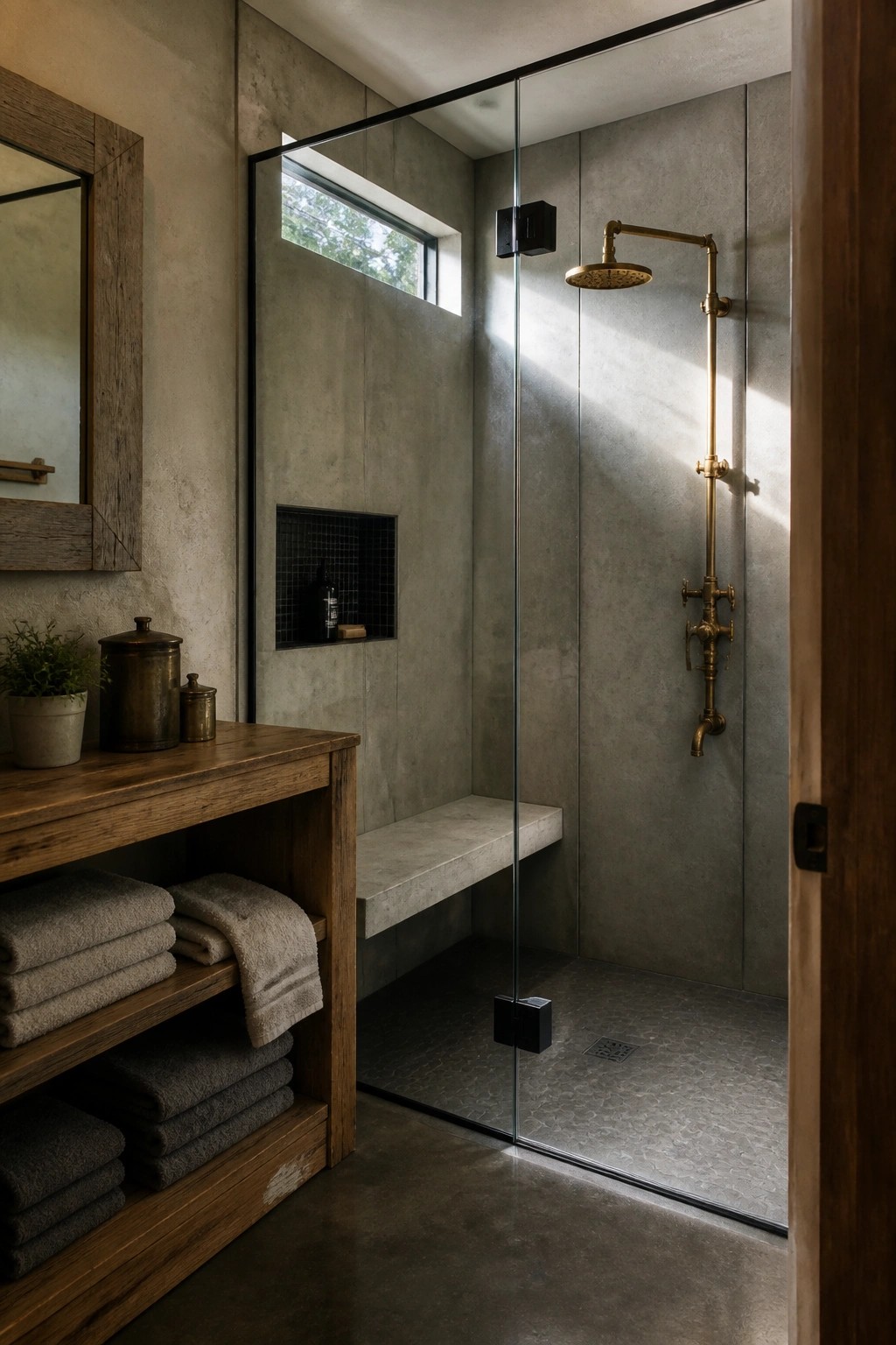 Modern bathroom with concrete shower, brass fixtures, glass door, and wooden towel vanity.