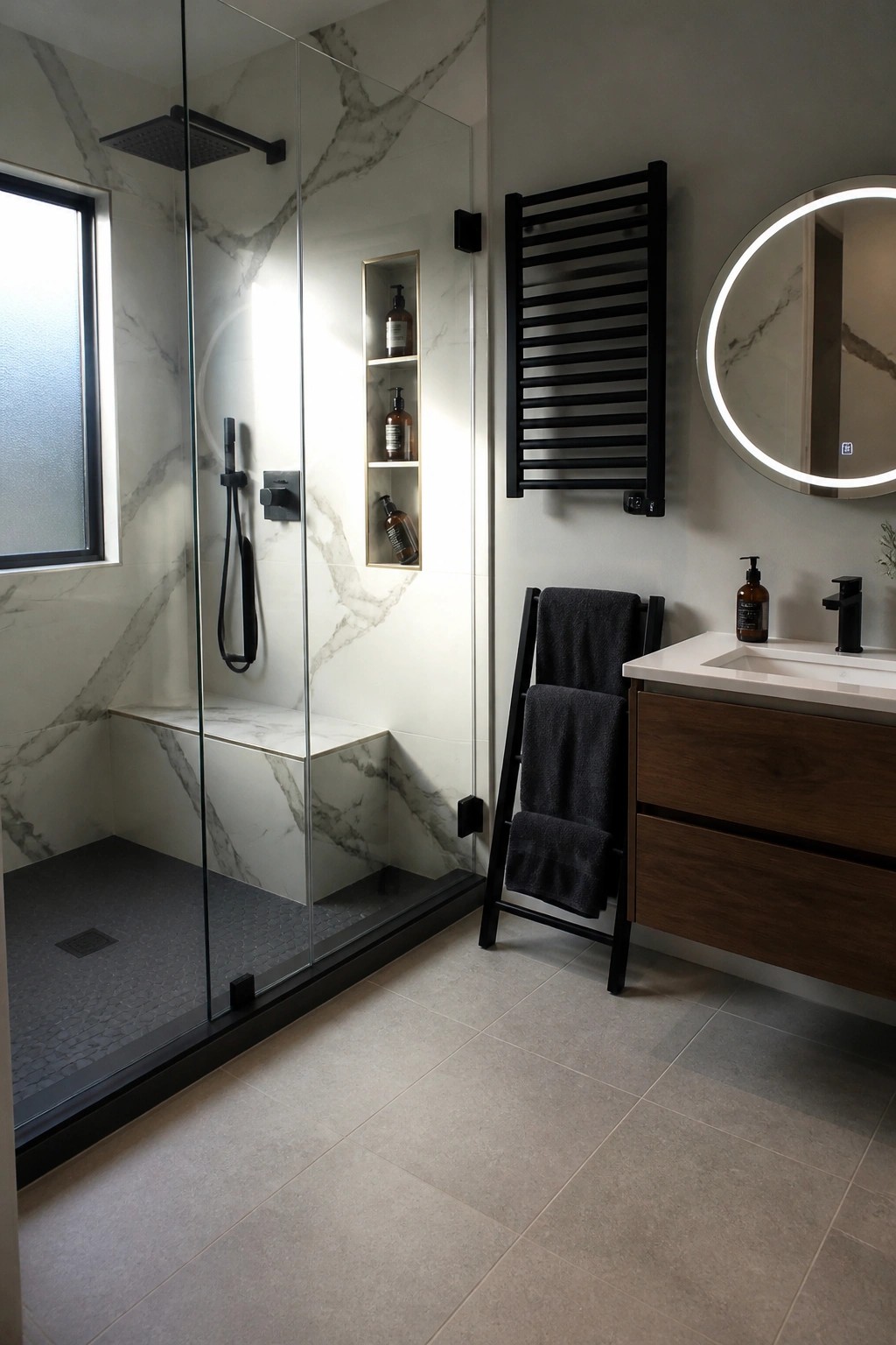 A modern bathroom with a glass shower enclosure featuring large white marble-patterned porcelain tiles on the walls, a built-in bench, and black fixtures.