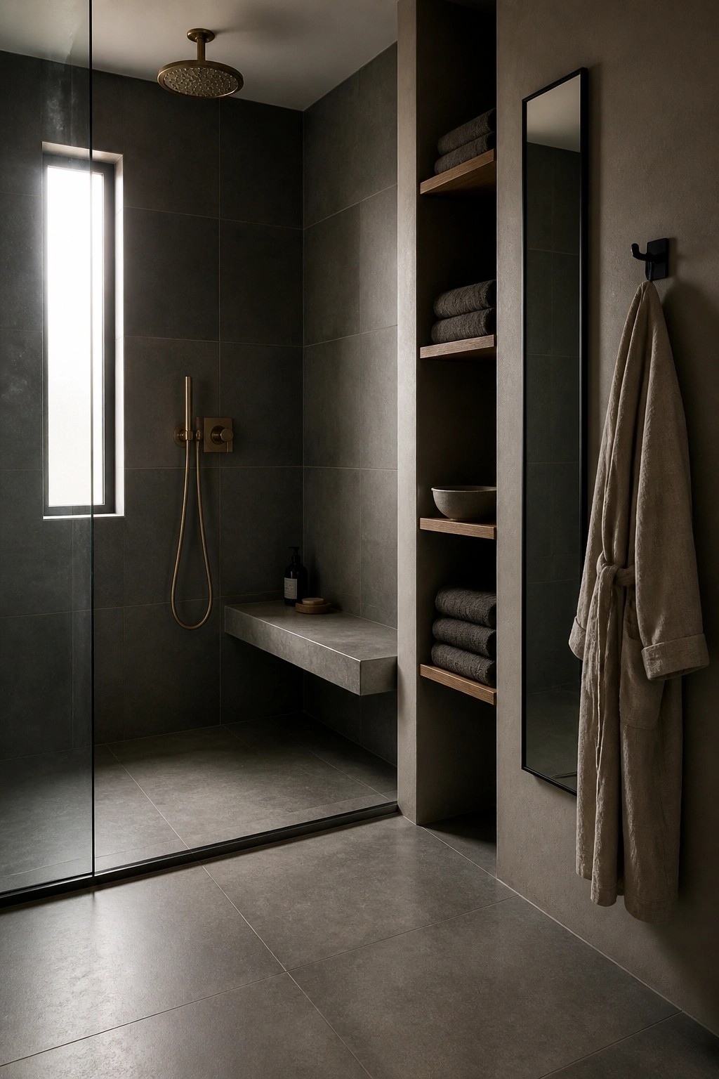 A modern shower interior with large gray porcelain tiles covering the walls and floor, a built-in concrete bench, a recessed niche with wood shelves, and brass shower fixtures.