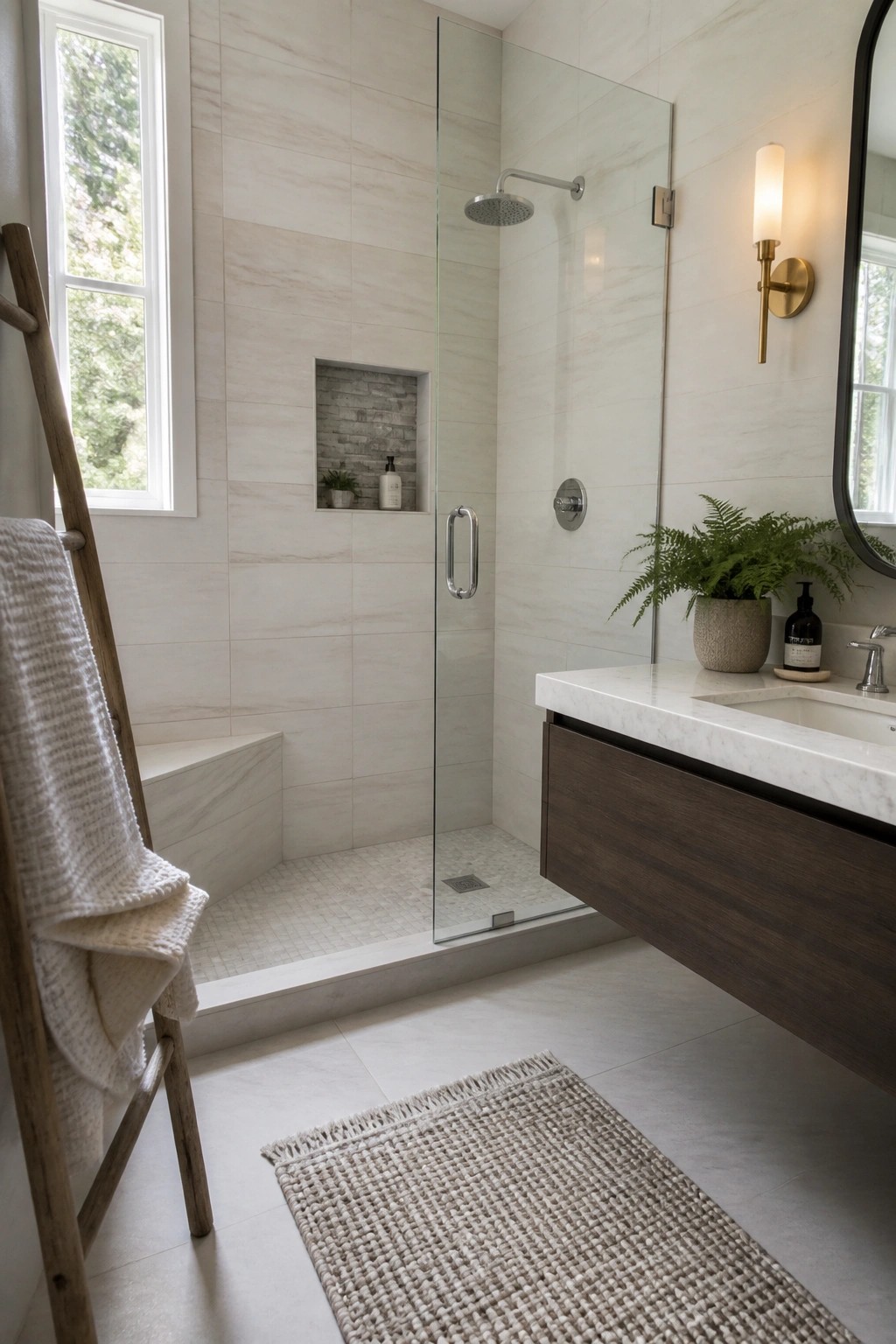 A bathroom shower enclosed by glass with large light marble-look porcelain tiles on the walls, a built-in niche, and a small bench seat.