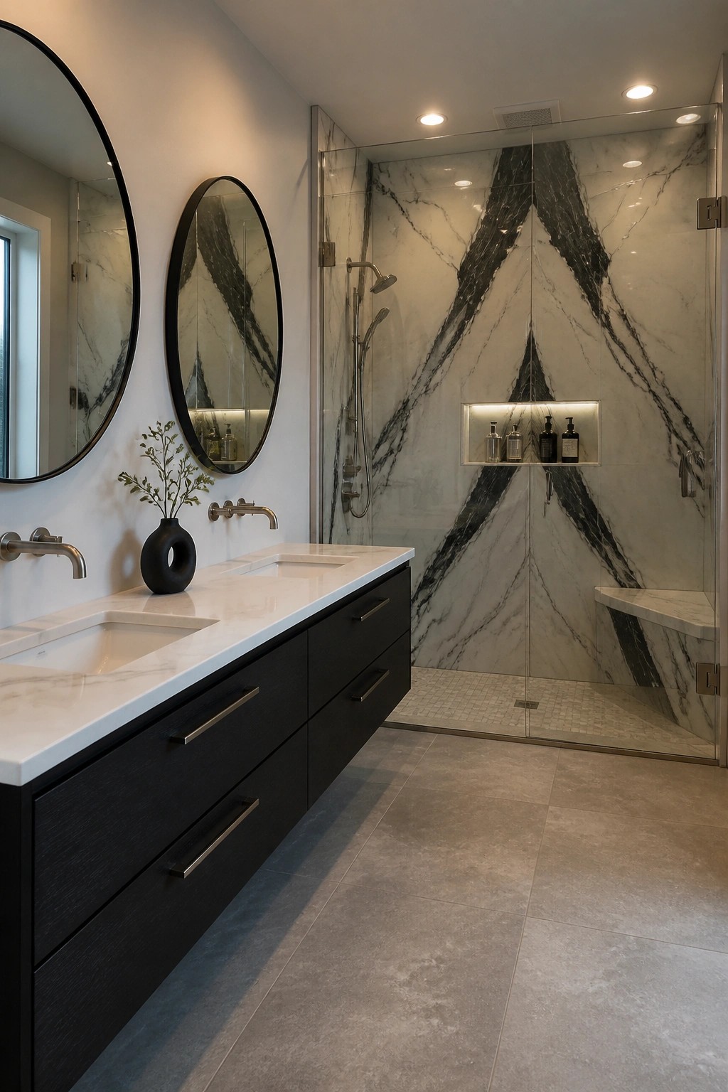 Modern bathroom with a glass-enclosed shower featuring large marble-patterned porcelain tiles on the walls and a long floating vanity with two sinks.