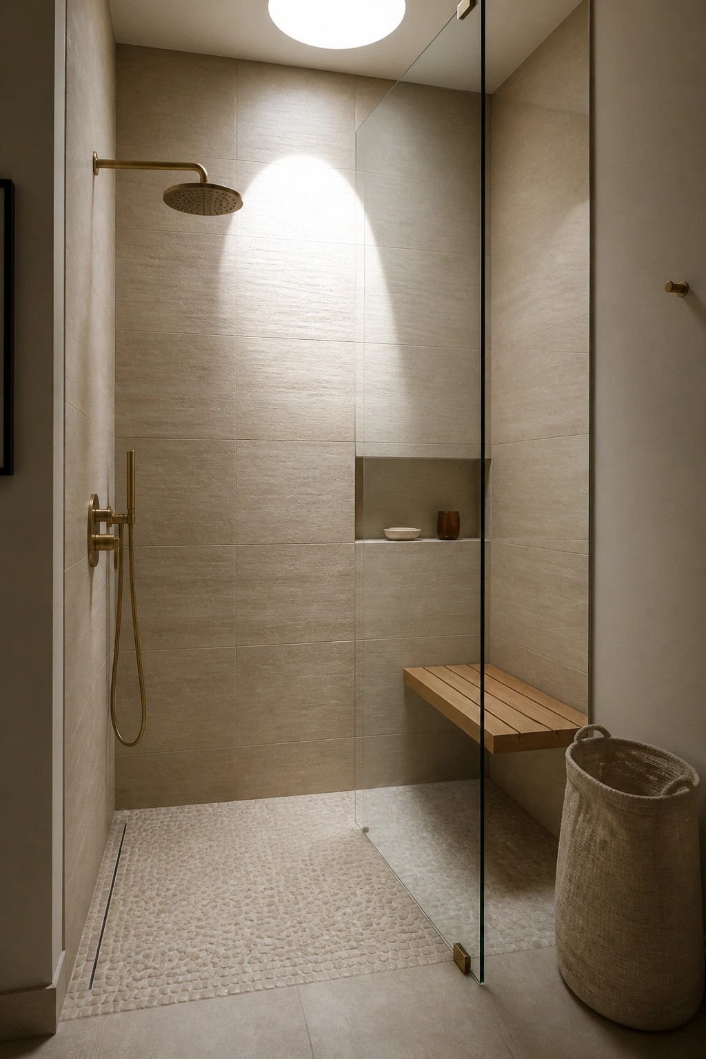 A shower with large beige porcelain tiles covering the walls, a glass door, wooden bench, recessed niche, and pebble floor.