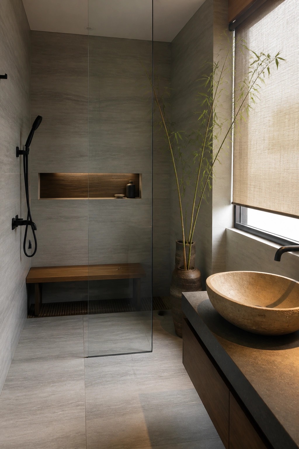 A modern bathroom with a glass shower enclosure featuring large gray porcelain tiles, a built-in wooden bench, and a stone vessel sink on a dark countertop.