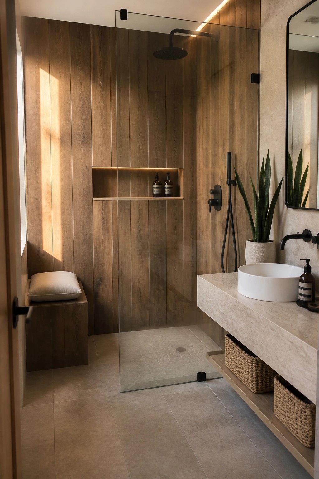Modern bathroom with wood walls, glass shower, stone vanity, white sink, and plants.