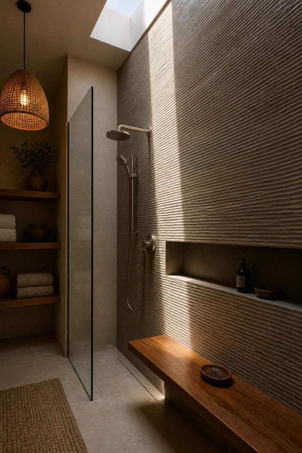 A shower area with vertically ribbed large beige porcelain tiles covering the walls, a built-in niche, a wooden bench, and a glass partition.