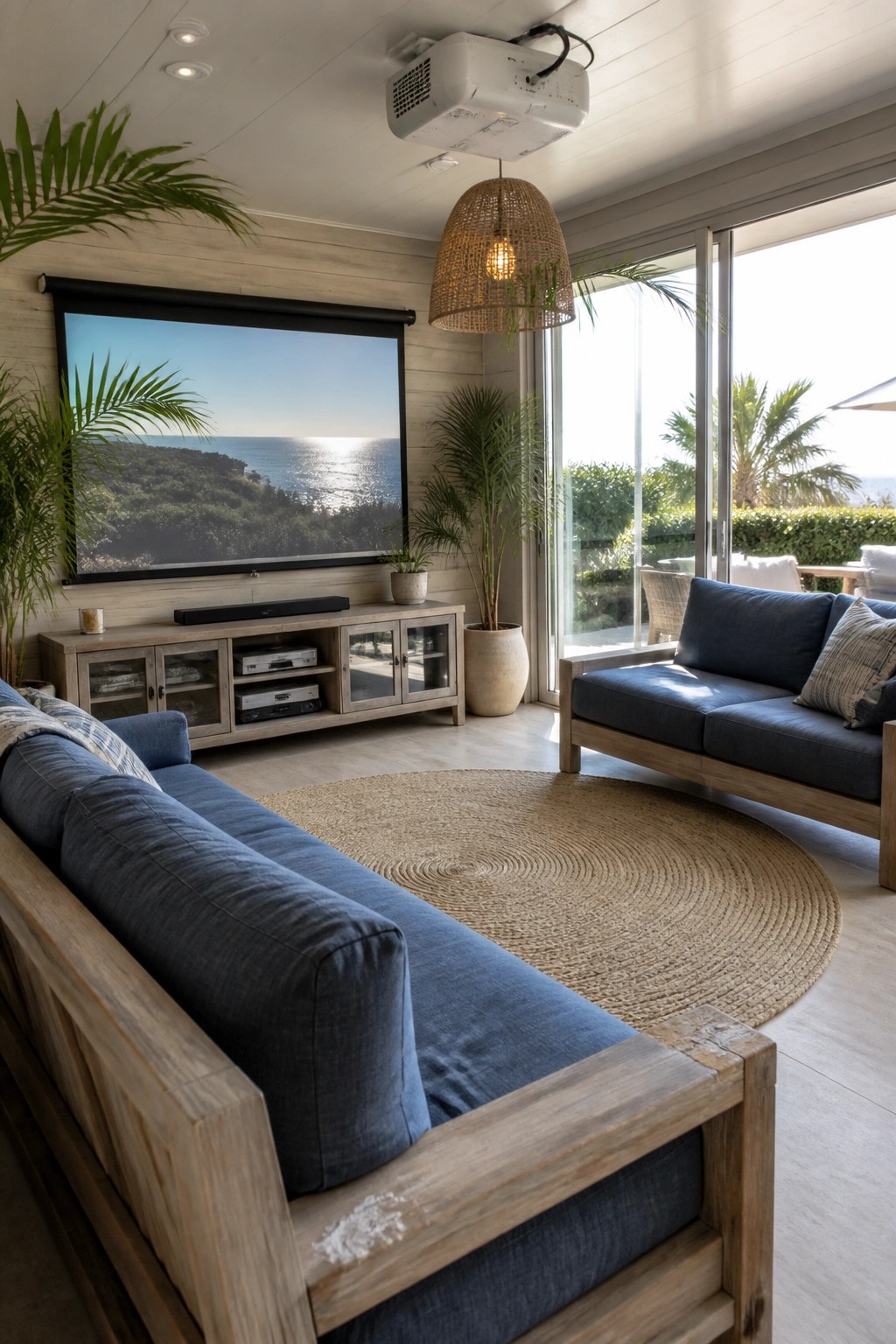 Modern living room with blue sofas, round jute rug, projector screen, and patio doors