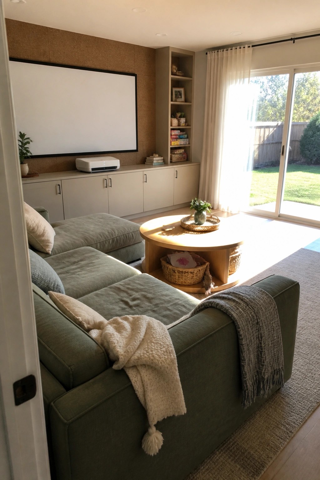 Modern living room with green sectional sofa, round wooden table, and large projector screen.