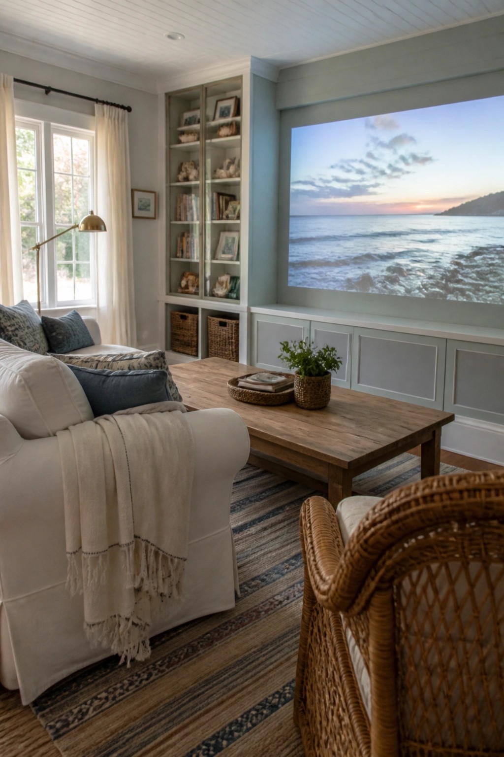 A living room interior showing a large projector screen mounted above built-in cabinets with flanking bookshelves, a wooden coffee table, and a white sofa on a striped rug.